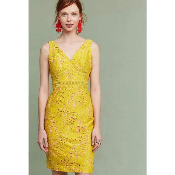 ANTHROPOLOGIE MAEVE Yellow Gardenia Lace Column Dress 0P Petite - Picture 1 of 13
